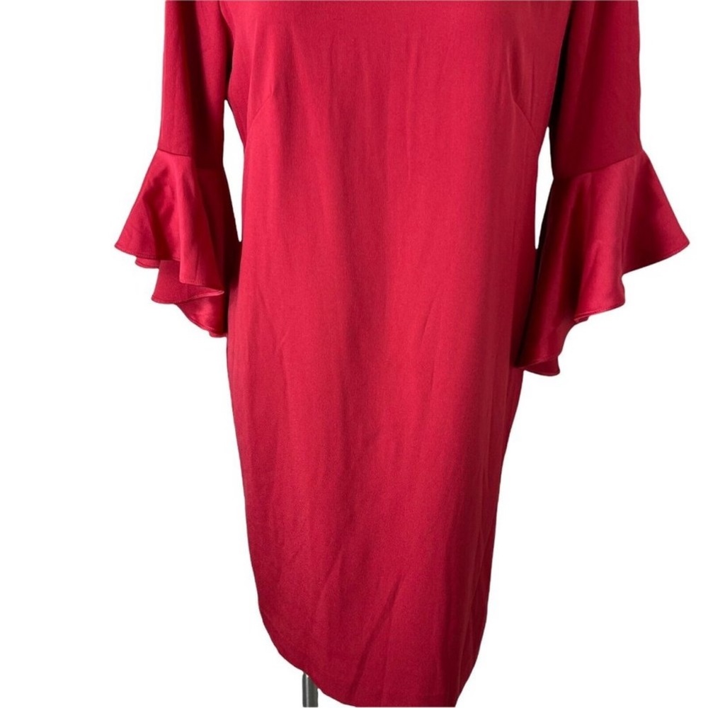 Red Ruffle-Sleeve Sheath Dress - Satin Ruffle - Picture 4 of 12